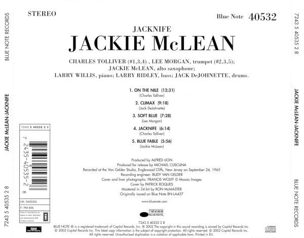 Image of Back Cover of 3514156C: CD - JACKIE MCLEAN, Jacknife (Blue Note; 7243 5 40535 2 8, Europe 2002 Reissue, Jewel Case)   VG+/VG