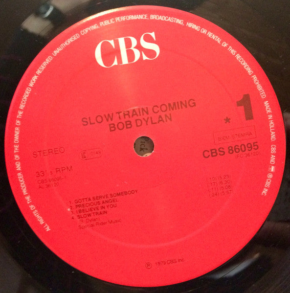 Image of Label Cover of 2544002S: LP - BOB DYLAN, Slow Train Coming (CBS; CBS 86095, Europe 1980s Reissue, Inner, B4 misspelled on label as "Man Give Names To All The Animals") A few light scuffs, small sticker tear on inner  VG+/VG