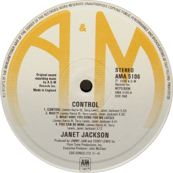 Image of Label Cover of LP - VG/VG+ - JANET JACKSON, Control (A&M Records; AMA 5106, UK 1986, Inner), Light wear to sleeve and disc.,  - 3946152S