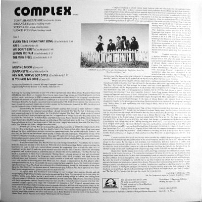 Image of Back Cover of 2514144C: LP - COMPLEX, The Way We Feel (Tenth Planet; TP039, UK 1998 Reissue, Limited Edition of 1,000) Limited Edition No 811  VG+/VG+