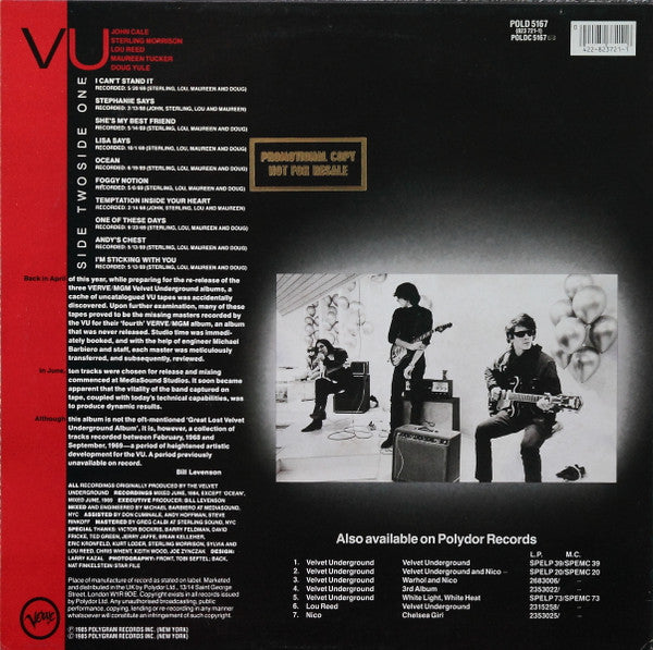 Image of Back Cover of LP - VG/VG - THE VELVET UNDERGROUND, VU (Polydor Red Label; POLD 5167, UK 1985, Insert), Glossy disc, Wispy hairlines, Wear to sleeeve edges. ,  - 2616462C