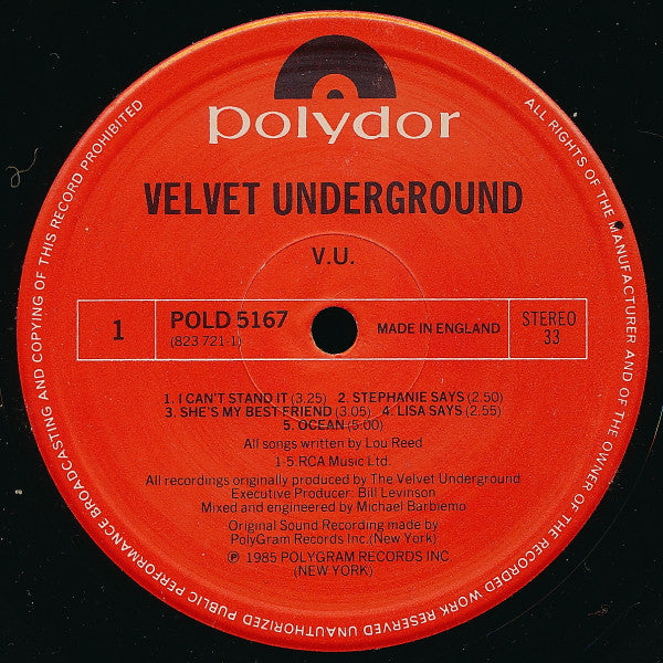 Image of Label Cover of LP - VG/VG - THE VELVET UNDERGROUND, VU (Polydor Red Label; POLD 5167, UK 1985, Insert), Glossy disc, Wispy hairlines, Wear to sleeeve edges. ,  - 2616462C
