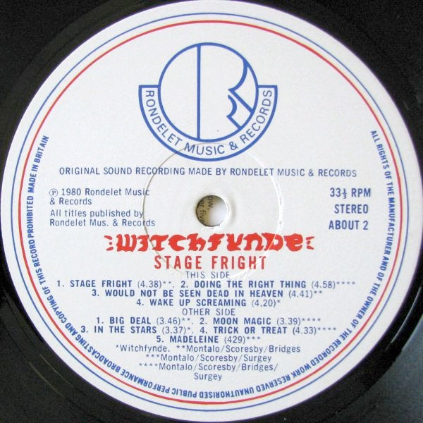 Image of Label Cover of 2514209C: LP - WITCHFYNDE, Stagefright (Rondelet Music & Records; ABOUT 2, UK 1980, Textured Sleeve, Inner) Light marks, Light edge wear  VG/VG