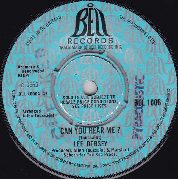 Image of Front Cover of 2524136E: 7" - LEE DORSEY, Can You Hear Me?/ Cynthia (Bell Records; BLL 1006, UK 1968, Plain sleeve, 4 prong centre) marks on vinyl.  /G+