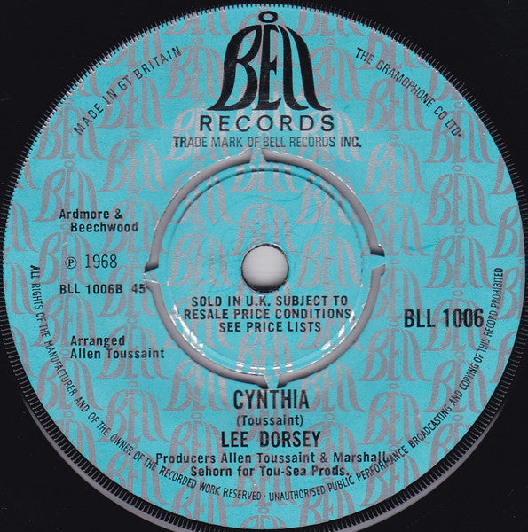 Image of Back Cover of 2524136E: 7" - LEE DORSEY, Can You Hear Me?/ Cynthia (Bell Records; BLL 1006, UK 1968, Plain sleeve, 4 prong centre) marks on vinyl.  /G+