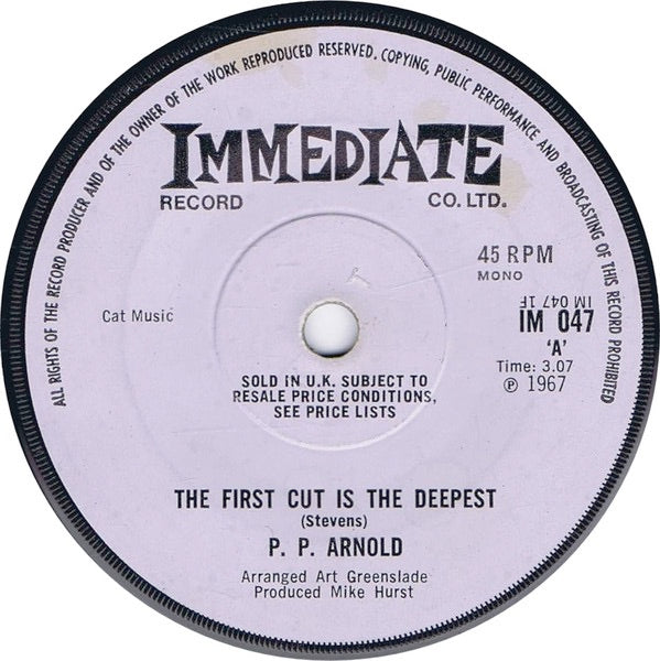 Image of Front Cover of 2524137E: 7" - PP ARNOLD, First Cut is the Deepest/ Speak To Me (Immediate Solid Centre; IM047, UK 1967, Plain Sleeve, Mono) Marks on vinyl.  /G+