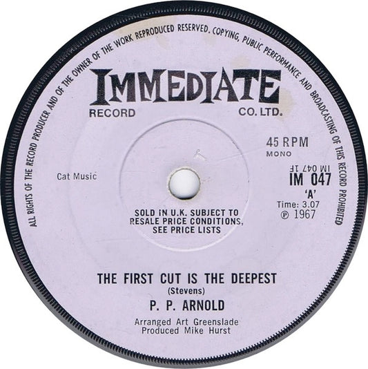 Image of Front Cover of 2524137E: 7" - PP ARNOLD, First Cut is the Deepest/ Speak To Me (Immediate Solid Centre; IM047, UK 1967, Plain Sleeve, Mono) Marks on vinyl.  /G+