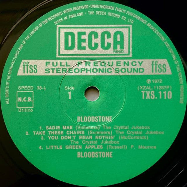Image of Label Cover of LP - VG/VG - BLOODSTONE, Bloodstone (Decca; TXS 110, UK 1972, Gatefold), Edge and ring wear, small sticker residue. A few marks on disc but no feelers.,  - 3946148S
