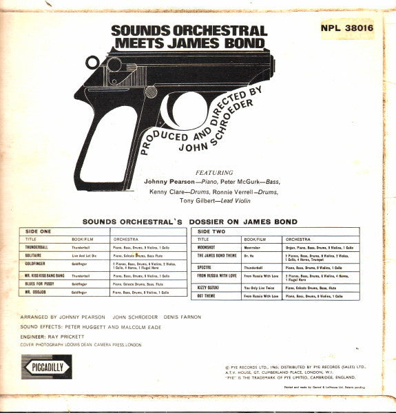 Image of Back Cover of 2524121E: LP - SOUNDS ORCHESTRAL, Meets James Bond (Pye Records; NSPL 38016, UK 1965, Sean Connery Sleeve)   VG+/VG