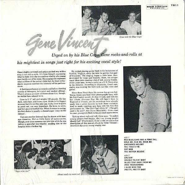 Image of Back Cover of 2524187E: LP - GENE VINCENT AND HIS BLUE CAPS, Gene Vincent And The Blue Caps (Capitol Records ; T811, US 2005 Reissue) Strong VG+, Still In Stickered Shrinkwrap  EX/VG+