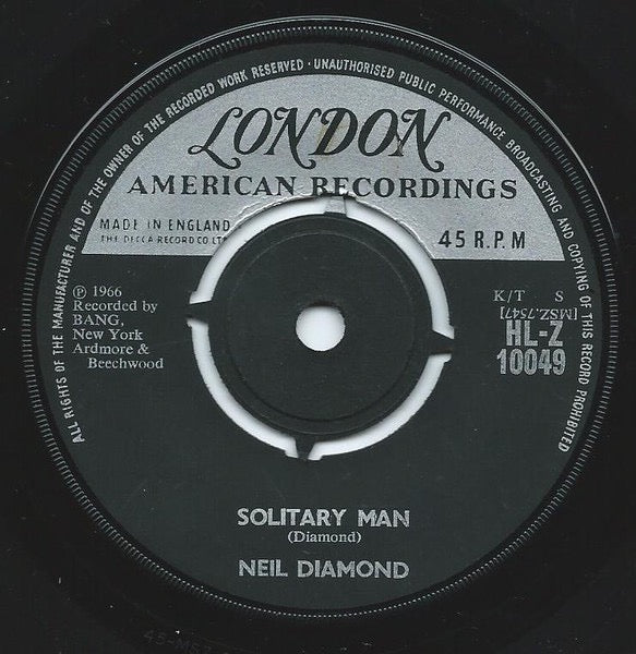 Image of Front Cover of 2514313C: 7" - NEIL DIAMOND, Solitary Man (London Records; HLZ 10049, UK 1966, Company Sleeve) Date stamped and cat. no. written on sleeve.  VG+/VG+