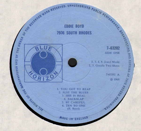 Image of Label Cover of 5124139E: LP - EDDIE BOYD WITH PETER GREEN'S FLEETWOOD MAC, 7936 South Rhodes (Blue Horizon; 7-63202, UK 1968, Mono)   VG/VG