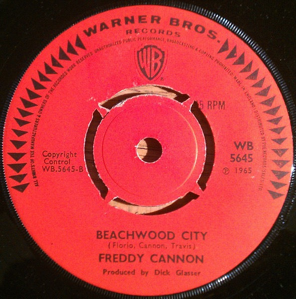 Image of Back Cover of 2514392C: 7" - FREDDY CANNON, Action / Beachwood City (Warner Bros. Records; WB 5645, UK 1960s, Company Sleeve) Date stamped and cat.no. written on sleeve.  VG+/VG+