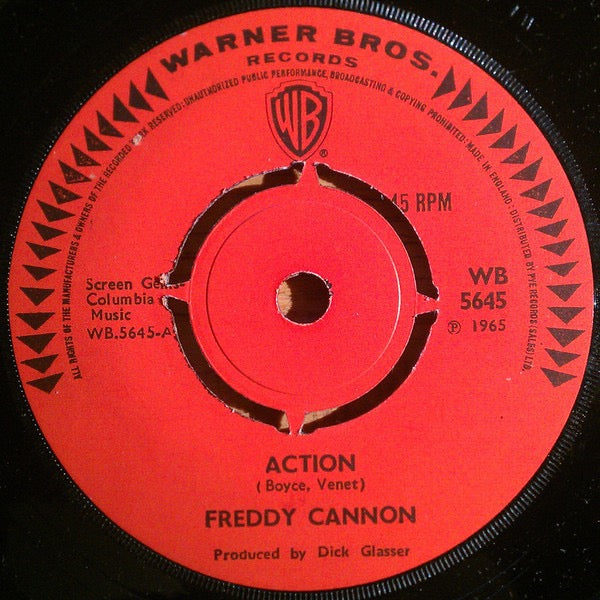 Image of Front Cover of 2514392C: 7" - FREDDY CANNON, Action / Beachwood City (Warner Bros. Records; WB 5645, UK 1960s, Company Sleeve) Date stamped and cat.no. written on sleeve.  VG+/VG+