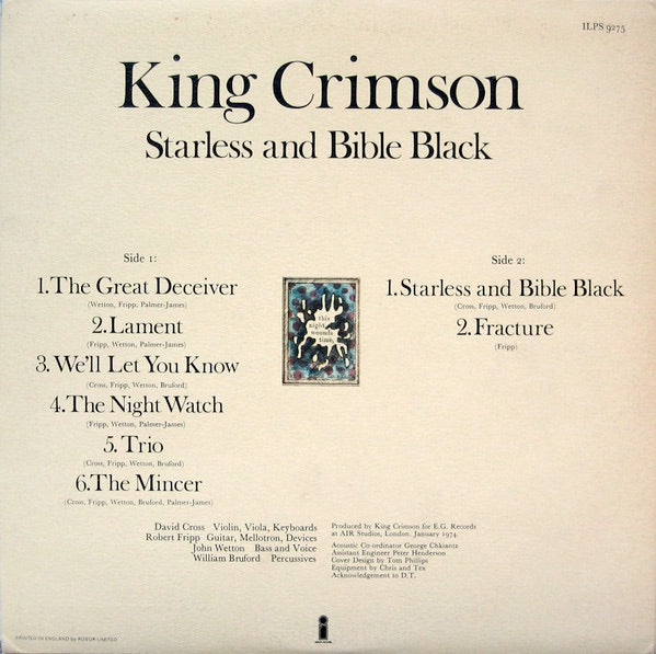 Image of Back Cover of 4545333S: LP - KING CRIMSON, Starless And Bible Black (Island Records; ILPS 9275, UK 1974, Gatefold, S.D./Sean + Ray Matrix Variant)   VG/G+