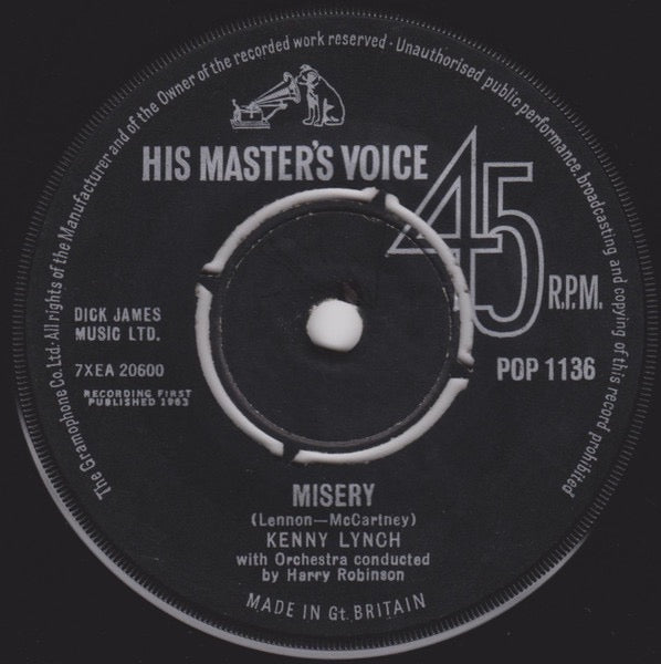 Image of Front Cover of 2514394C: 7" - KENNY LYNCH, Misery / Shut The Door (His Master's Voice; POP 1136, UK 1963, Company Sleeve) Date stamped and cat. no. written on sleeve.  VG/VG+