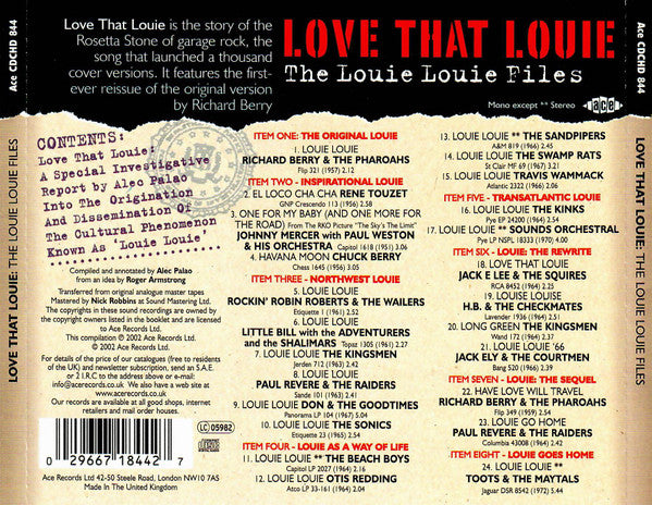 Image of Back Cover of 2554080S: CD - VARIOUS, Love That Louie: The Louie Louie Files (Ace; CDCHD 844, Europe 2002, Jewel Case)   VG+/VG+