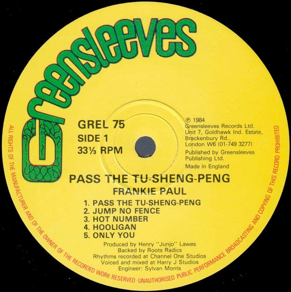 Image of Label Cover of LP - VG/VG+ - FRANKIE PAUL, Pass The Tu-Sheng-Peng (Greensleeves Records; GREL 75, UK 1984), Light creasing & small tear on sleeve. Ringwear,  - 1546108S