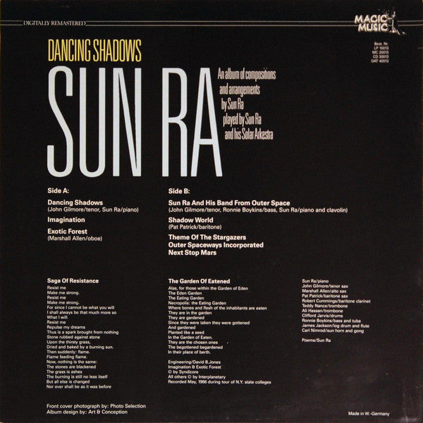 Image of Back Cover of 2624029E: LP - SUN RA, Dancing Shadows (Magic Music; LP 10013, Germany 1990 Reissue, Unofficial)   VG/VG