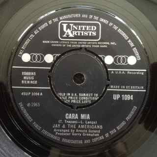 Image of Front Cover of 2614099C: 7" - JAY & THE AMERICANS, Cara, Mia (United Artists Records; UP 1094, UK 1965, Company Sleeve) Date stamped and cat. no. written on sleeve.  VG+/VG+