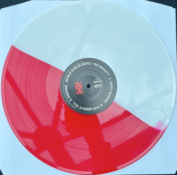 Image of Label Cover of 2624075E: LP - WHILE SHE SLEEPS, So What? (Spinefarm Records; SPINE886222, Europe 2023, Gatefold, Insert, Red/White Vinyl ) Lots of light marks and scuffs.   VG+/G+