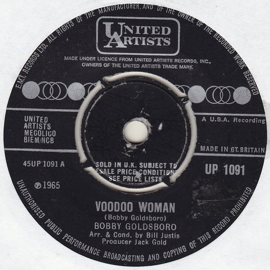 Image of Front Cover of 2615104C: 7" - BOBBY GOLDSBORO, Voodoo Woman (United Artists Records; UP 1091, UK 1965, Company Sleeve) Date stamped and cat. no. written on sleeve.  VG/VG+