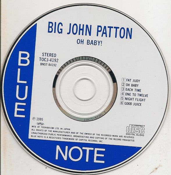 Image of Label Cover of 2654023S: CD - BIG JOHN PATTON*, Oh Baby! (Blue Note; TOCJ-4192, Japan 1995, Jewel Case) Disc is near EX. Fold out insert included. No Obi.   VG+/VG+