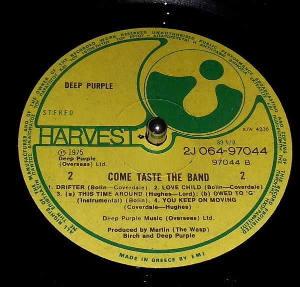 Image of Label Cover of 2624166E: LP - DEEP PURPLE, Come Taste The Band (Harvest; 2J 064-97044, Greece 1970s Reissue)   VG/VG