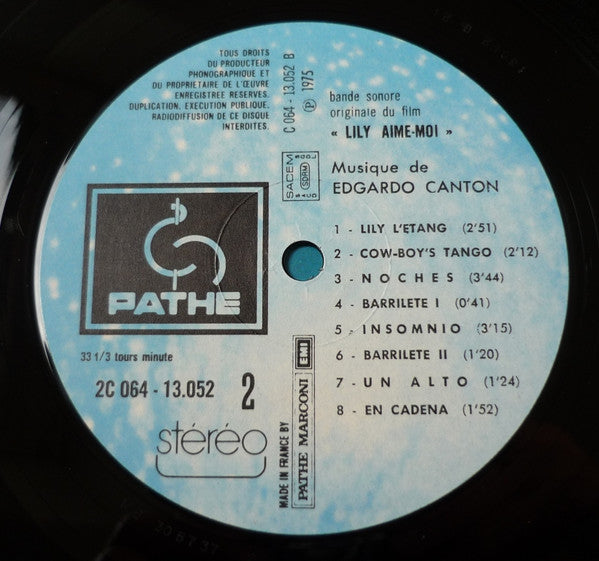 Image of Label Cover of 2624195E: LP - EDGARDO CANT N, Lily, Aime-Moi - Bande Sonore Originale Du Film (Path  Marconi EMI; 2C064-13052, France 1975) Corner Bumps  VG/VG+