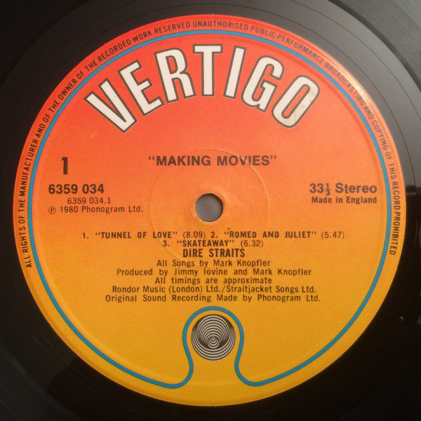 Image of Back Cover of LP - VG/G+ - DIRE STRAITS, Making Movies (Vertigo Orange Label; 6359 034, UK 1980, Inner, Inverted Commas Around Title on Label, No Carousel Waltz Credit on Label), ,  - 2226407E