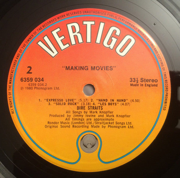 Image of Label Cover of LP - VG/G+ - DIRE STRAITS, Making Movies (Vertigo Orange Label; 6359 034, UK 1980, Inner, Inverted Commas Around Title on Label, No Carousel Waltz Credit on Label), ,  - 2226407E