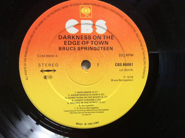 Image of Label Cover of 2624255E: LP - BRUCE SPRINGSTEEN, Darkness On The Edge Of Town (CBS ; CBS 86061, UK 1978, Inner & Insert, 33 on Right of Label, CBS Cat No, Made in England at Bottom of Label)   VG+/VG+