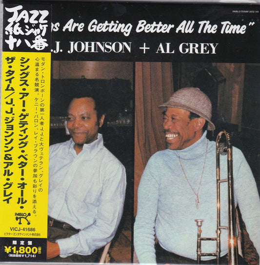 Image of Front Cover of 2634083E: CD - J.J. JOHNSON + AL GREY, Things Are Getting Better All The Time (Pablo Records; VICJ-41686, Japan 2006, CD in LP replica card gatefold sleeve, 2 Inserts, Obi) disc has a light hairline scratch, does not affect play, sleeve has some wear to edges due to storage  VG+/VG+