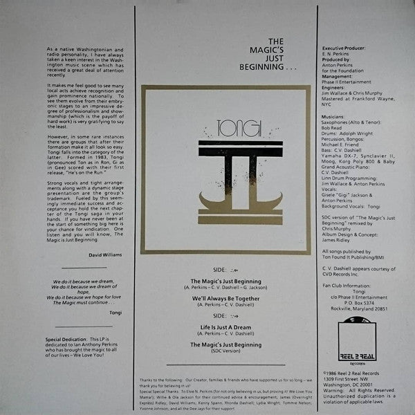 Image of Back Cover of 2624248E: 12" EP - TONGI, The Magic's Just Beginning... (Reel To Real Records; 21544, US 1986, Plain Sleeve) No OG sleeve. BPM written on centre label.  /VG