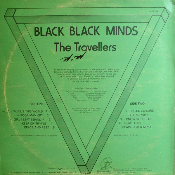 Image of Back Cover of LP - G+/G - THE TRAVELLERS, Black Black Minds (Paradise; PDL 002, UK 1977, Laminated Front Sleeve), Covered in marks, plays above grade. Last two tracks on side A are affected by feelable scratches and play with ticks. Sleeve is worn but better than grade.,  - 3516154C