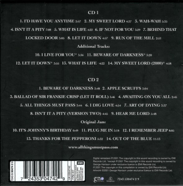 Image of Back Cover of 2xCD - VG+/VG+ - GEORGE HARRISON, All Things Must Pass (Parlophone; 7243 5 30474 2 9, Europe 2009 Reissue, Box Set, Booklet & Inners, Remastered, Repress), ,  - 4116029C