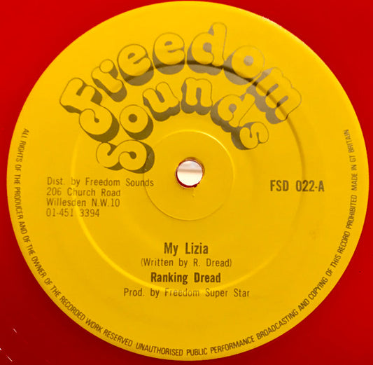 Image of Front Cover of 2614538C: 12" - RANKING DREAD, My Liza / Same Thing Ahappen Every Day (Freedom Sounds; FSD 022, UK 1980, Red Vinyl) Lots of light marks and scuffs, mottling; plays great, minimal background only.  /VG