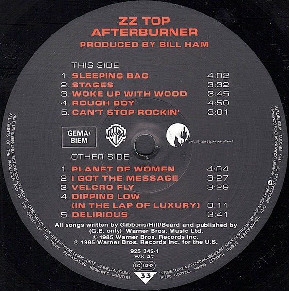 Image of Label Cover of 2714029C: LP - ZZ TOP, Afterburner (Warner Bros. Records; 925 342-1, Europe 1985, Insert)   VG+/VG+