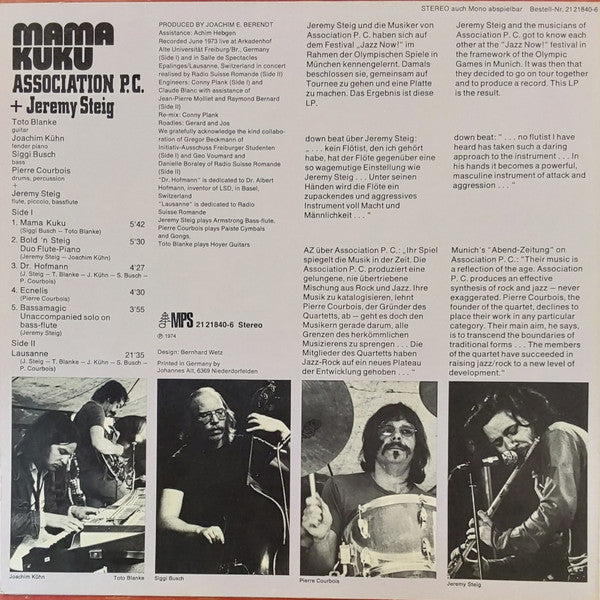 Image of Back Cover of 2624406E: LP - ASSOCIATION P.C. + JEREMY STEIG, Mama Kuku (MPS Records; 21 21840-6, Germany 1974, Laminated Sleeve) Edge Wear  VG/VG+