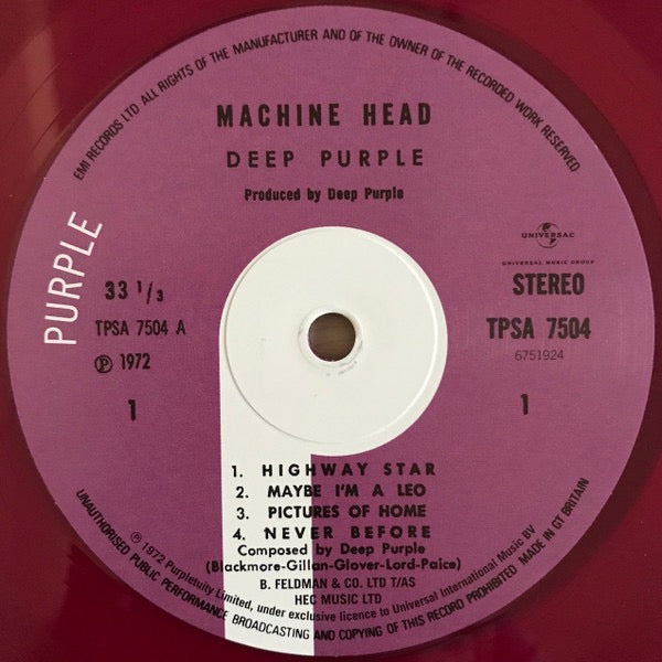 Image of Label Cover of 2714101C: LP - DEEP PURPLE, Machine Head (Purple Records; TPSA 7504, Europe 2018 Reissue, Gatefold, Poster, Purple Vinyl)   EX/VG+