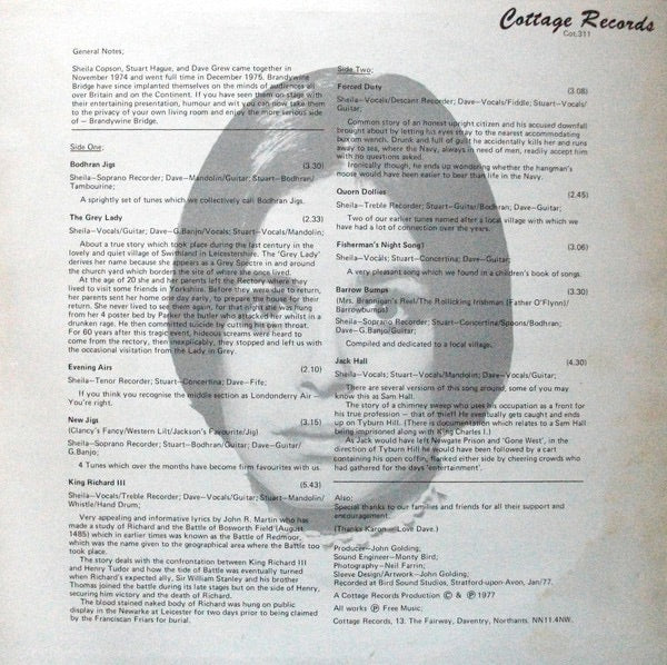 Image of Back Cover of 2714125C: LP - BRANDYWINE BRIDGE, The Grey Lady (Cottage Records; COT.311, UK 1977) Sleeve has been cut along the top. Reverse is signed by the band.   G/VG