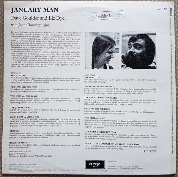 Image of Back Cover of 2714126C: LP - DAVE GOULDER & LIZ DYER, January Man (Argo; ZFB 10, UK 1970) Sleeve has track timings written in green pen on reverse, but is otherwise very clean. Disc has a few light marks only.  VG+/VG