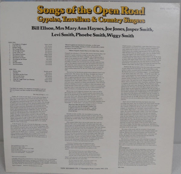 Image of Back Cover of 2714127C: LP - VARIOUS, Songs Of The Open Road, Gypsies, Travellers & Country Singers (Topic Records ; 12T253, UK 1975, Booklet) Sleeve is a strong VG with only a couple of grubby marks to reverse. Disc has some light storage marks.  VG/VG+