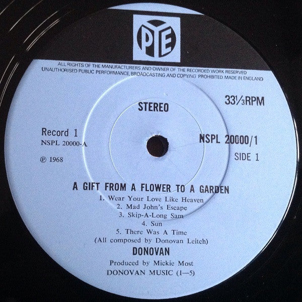 Image of Label Cover of 2xLP - VG/VG - DONOVAN, Gift from a Flower to a Garden (Pye Blue With Top Black Stripe; NPLS20000, UK 1968, Box Set, Folder & 12 Prints, Stereo), Hairlines and scuffs, edge wear and fading to box but all corners intact,  - 3445011S