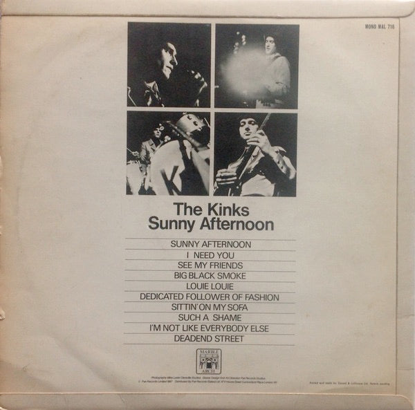 Image of Back Cover of 2344098S: LP - THE KINKS, Sunny Afternoon (Marble Arch; MAL716, UK 1967, Laminated Flipback Sleeve, Mono) Edge and Ring Wear, water damage to bottom of back cover  G+/VG