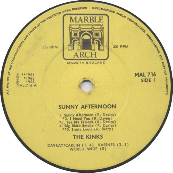 Image of Label Cover of 2344098S: LP - THE KINKS, Sunny Afternoon (Marble Arch; MAL716, UK 1967, Laminated Flipback Sleeve, Mono) Edge and Ring Wear, water damage to bottom of back cover  G+/VG