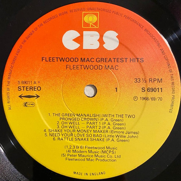 Image of Label Cover of LP - VG/VG+ - FLEETWOOD MAC, Fleetwood Mac Greatest Hits (CBS Sunbust Label With LC Beneath Stereo & Made In England At Bottom; 69011, UK 1970s Reissue, Gatefold), ,  - 3416088C