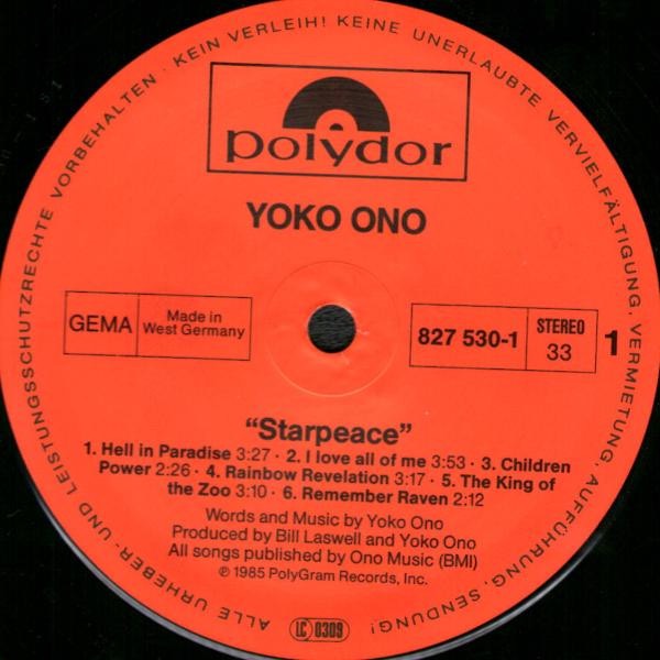 Image of Label Cover of 2714242C: LP - YOKO ONO, Starpeace (Polydor; 827 530-1, Germany 1985, Inner) Light hairline marks, Sleeve has some edge wear and marks   VG/VG