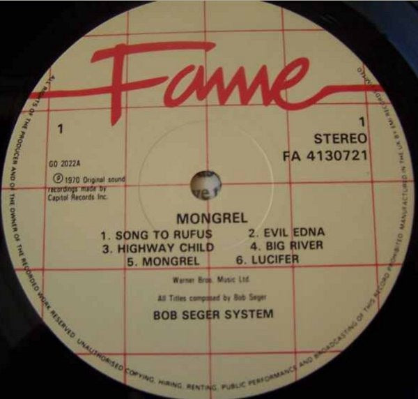 Image of Label Cover of 2714255C: LP - BOB SEGER SYSTEM, Mongrel (Fame; FA 41 3072 1, UK 1980s Reissue)   VG/VG+