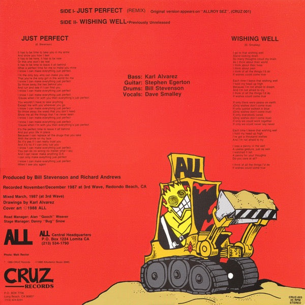 Image of Back Cover of 2714312C: 12" - ALL, Just Perfect / Wishing Well (CRUZ Records; CRUZ-003, US 1988) Light Marks only, Light spine wear  VG/VG